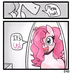 Size: 2002x2048 | Tagged: safe, artist:melodymelanchol, derpibooru import, pinkie pie, earth pony, pony, comic:rotten harmony, comic, dialogue, female, mare, mirror, screentone, solo, speech bubble