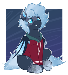 Size: 2272x2512 | Tagged: safe, artist:witchtaunter, derpibooru import, oc, bat pony, pony, bat pony oc, chest fluff, clothes, commission, cute, eyebrows, hoodie, no pupils, raised eyebrow, smiling, smirk