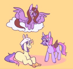 Size: 2048x1952 | Tagged: safe, artist:melodymelanchol, derpibooru import, oc, oc only, oc:hodge podge, oc:melody, oc:twilight snivy, alicorn, pony, unicorn, alicorn oc, cloud, curved horn, ears, fake wings, female, floppy ears, horn, lying down, mare, on a cloud, plushie, prone, simple background, spread wings, unshorn fetlocks, wings, yellow background