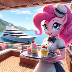 Size: 1024x1024 | Tagged: safe, ai content, derpibooru import, machine learning generated, anthro, cupcake, food, ocean, prompter needed, solo, waitress, water, yacht