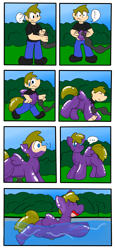 Size: 1735x3761 | Tagged: safe, artist:joltink, derpibooru import, oc, oc only, oc:sky charger, human, inflatable pony, pegasus, happy, hose, human to pony, inflatable, male, species swap, swimming pool, transformation, transformation sequence