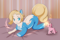 Size: 1942x1285 | Tagged: safe, artist:luxianne, derpibooru import, oc, oc only, human, pony, unicorn, female, frown, horn, human to pony, inanimate tf, lying down, magic, plushie, plushification, prone, species swap, transformation