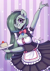 Size: 3500x5000 | Tagged: safe, artist:shadowreindeer, derpibooru import, marble pie, anthro, g4, cake, clothes, food, maid, solo