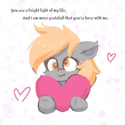Size: 1280x1280 | Tagged: safe, artist:comfort_ponies, derpibooru import, derpy hooves, pegasus, pony, g4, cute, female, heart, hearts and hooves day, looking at you, mare, positive ponies, simple background, solo, text