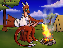 Size: 960x720 | Tagged: safe, artist:thornshadow, derpibooru import, oc, oc only, oc:ash, dragon, bandage, broken bone, broken wing, bruised, campfire, camping, cast, claws, colored wings, commission, dragon oc, dragonified, fire, injured, magic, male, non-pony oc, outdoors, pyrokinesis, sling, species swap, tail, tent, tree, tree stump, wings, wyvern