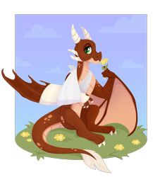 Size: 3000x3300 | Tagged: safe, artist:kabuvee, derpibooru import, oc, oc only, oc:ash, dragon, bandage, broken bone, broken wing, bruised, cast, claws, colored wings, commission, dragon oc, dragonified, flower, grass, injured, male, non-pony oc, sling, smiling, solo, species swap, tail, wings, wyvern