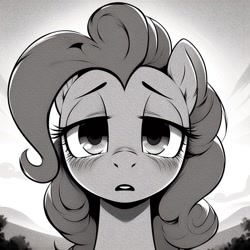 Size: 1024x1024 | Tagged: safe, ai content, derpibooru import, generator:bing image creator, generator:dall-e 3, machine learning generated, pinkie pie, earth pony, pony, g4, bags under eyes, depressed, outdoors, prompter:enterusxrname, sad, solo, tired