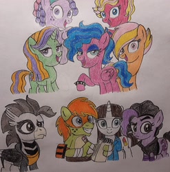 Size: 1450x1468 | Tagged: safe, artist:jebens1, derpibooru import, melody, pretty beat, sweet notes, tuneful, anthro, earth pony, hippogriff, pegasus, unicorn, g1, angel (tmnt), buffy shellhammer, carter (tmnt), dialogue in the description, eyebrows, front view, half note, horn, michelangelo, notepad, raised eyebrow, rockin' beats, singing, smiling, sofia the first, song in the description, song reference, traditional art