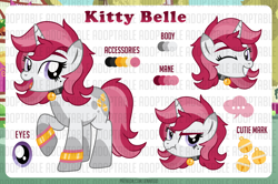 Size: 1100x732 | Tagged: safe, artist:jennieoo, derpibooru import, oc, oc:kitty belle, pony, unicorn, adoptable, adoptable open, auction, auction open, cutie mark, eye, eyes, happy, horn, looking at you, mole, one eye closed, piercing, reference sheet, smiling, smiling at you, solo, tongue piercing, wink