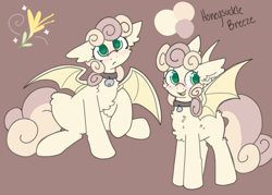Size: 2800x2000 | Tagged: safe, artist:puppie, derpibooru import, oc, oc only, oc:honeysuckle breeze, bat, bat pony, bell, bell collar, blushing, collar, cute, reference sheet, simple background, spread wings, wingding eyes, wings