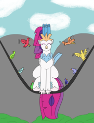 Size: 2394x3144 | Tagged: safe, artist:supahdonarudo, derpibooru import, queen novo, bird, classical hippogriff, hippogriff, behaving like a bird, cloud, cute, disney, eyes closed, female, for the birds, hippogriffs doing bird things, mountain, novobetes, pixar, power line, sitting, tree