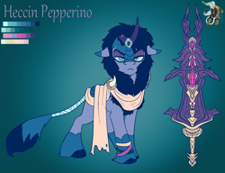 Size: 1566x1200 | Tagged: safe, artist:brainiac, derpibooru import, oc, oc only, oc:heccin pepperino, kirin, clothes, female, kirin oc, mare, redesign, reference sheet, solo, sword, weapon