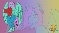 Size: 1920x1080 | Tagged: safe, artist:axelarion, derpibooru import, oc, oc:heart's eye, anthro, pegasus, pony, anthro oc, big breasts, braid, braided tail, breasts, clothes, colored, denim, ear piercing, earring, gravity-defying breasts, hair over one eye, hand, hand on hip, hooves, huge breasts, impossibly large breasts, jeans, jewelry, lips, long hair, pants, peace sign, piercing, signature, solo, standing, tail, wallpaper, watermark, wide hips, wings