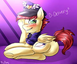 Size: 926x768 | Tagged: safe, artist:mixipony, derpibooru import, care package, special delivery, pegasus, pony, blushing, butt, clothes, embarrassed, hat, lying down, mailpony, mailpony uniform, male, plot, solo, stallion