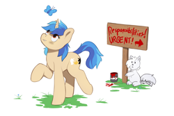 Size: 2400x1600 | Tagged: safe, artist:miramore, derpibooru import, oc, butterfly, pony, unicorn, wolf, 2024, adhd, cute, cutie mark, distracted, grass, horn, paint, paintbrush, sign, signature, simple background, solo