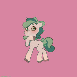 Size: 2480x2480 | Tagged: safe, artist:starburstuwu, derpibooru import, screencap, oc, oc only, oc:prixy, pony, unicorn, blushing, bow, female, hair bow, high res, hoof on chin, horn, looking up, mare, purple background, simple background, tail, tail bow, unshorn fetlocks