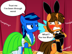 Size: 1024x768 | Tagged: safe, artist:bluemario11, derpibooru import, oc, oc:blue thunder, oc:ej, g4, animal costume, bunny costume, clothes, costume, embarrassed, male, stage, stallion