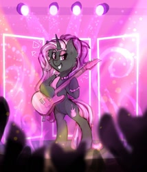 Size: 1094x1280 | Tagged: safe, artist:wainnee, derpibooru import, oc, oc:bronyka, pony, unicorn, bipedal, cheek fluff, female, guitar, horn, jewelry, mare, musical instrument, necklace, solo