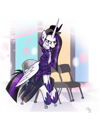 Size: 2601x3128 | Tagged: safe, artist:lytlethelemur, derpibooru import, princess celestia, alicorn, pony, chair, choker, hat, looking at you, punklestia, solo, spiked choker