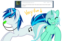Size: 1080x700 | Tagged: safe, artist:azure-doodle, derpibooru import, dj pon-3, lyra heartstrings, vinyl scratch, pony, sexually confused lyra, whistle