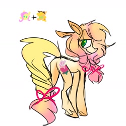 Size: 1402x1403 | Tagged: safe, artist:chortzykit, derpibooru import, earth pony, pony, g4, fusion:applejack, fusion:fluttershy, simple background, solo, white background