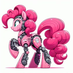 Size: 1024x1024 | Tagged: safe, ai content, derpibooru import, editor:giantpony, generator:bing image creator, generator:dall-e 3, machine learning assisted, machine learning generated, pinkie pie, earth pony, pony, robot, robot pony, g4, amalgamation, augmented, autobot, concave belly, cute, cybertronian, diapinkes, female, implied fusion, mashup, pinkamena diane pie, pinkie bot, pinkie pie hair, prompter:giantpony, robotic, roboticization, solo, transformerfied, transformers