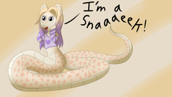 Size: 3840x2160 | Tagged: safe, artist:solarcis, derpibooru import, oc, oc:sunnybean, lamia, original species, clothes, dialogue, happy, human shoulders, im a snake, long hair, meme, ponified, ponified meme, shirt, simple background, solo, two toned hair
