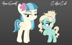 Size: 1920x1215 | Tagged: safe, artist:bearmation, derpibooru import, oc, oc only, oc:aria sonnet, oc:curtain call, earth pony, pegasus, pony, duo, duo female, female, filly, flower, flower in hair, foal, gradient background, grin, lidded eyes, looking at you, name, offspring, parent:coco pommel, parent:zephyr breeze, parents:cocobreeze, siblings, sisters, smiling, smiling at you