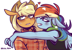 Size: 2048x1423 | Tagged: safe, artist:lrusu, derpibooru import, applejack, rainbow dash, anthro, earth pony, pegasus, g4, appledash, applejack's hat, bedroom eyes, blushing, clothes, cowboy hat, duo, duo female, ears, eye clipping through hair, eyebrows, eyebrows visible through hair, female, floppy ears, hand on shoulder, hat, heart, lesbian, shipping, signature, simple background, sweat, white background, wings