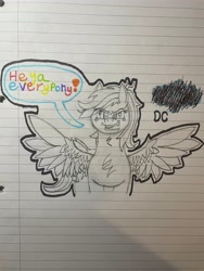 Size: 3024x4032 | Tagged: safe, artist:snapple_bloom, derpibooru import, rainbow dash, pegasus, pony, friendship is magic, g4, chest fluff, female, front view, introduction, looking at you, mare, outline, smiling, smiling at you, smirk, speech bubble, spread wings, tail, traditional art, wings