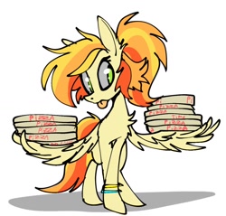 Size: 1050x1003 | Tagged: safe, artist:chortzykit, derpibooru import, oc, oc only, pegasus, pony, g4, :p, food, pegasus oc, pizza, pizza box, simple background, stack, tongue, tongue out, unnamed oc, white background, wing hold, wings