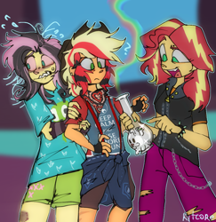 Size: 1046x1074 | Tagged: safe, artist:chortzykit, derpibooru import, applejack, fluttershy, sunset shimmer, human, equestria girls, g4, alternate hairstyle, antonymph, bong, clothes, coontails, drugs, dyed hair, emoshy, female, flutterhigh, fluttgirshy, gir, high, invader zim, keep calm and carry on, nervous, pants, ripped pants, shorts, speedpaint available, torn clothes, trio, vylet pony
