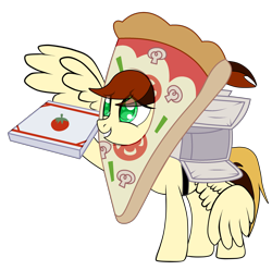 Size: 2524x2500 | Tagged: safe, artist:yesic01, derpibooru import, oc, oc only, oc:toffie, pegasus, pony, base used, clothes, commission, costume, female, food, food costume, grin, mare, mascot costume, pizza, pizza box, pizza costume, raised hoof, raised leg, simple background, smiling, solo, transparent background, wingless, ych result
