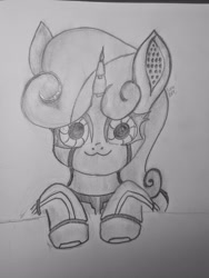 Size: 3072x4080 | Tagged: safe, artist:moonlightrift, derpibooru import, sweetie belle, sweetie bot, pony, robot, robot pony, unicorn, g4, :3, cute, diasweetes, female, horn, peeking, simple background, solo, thousand yard stare, traditional art