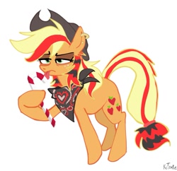 Size: 1003x969 | Tagged: safe, artist:chortzykit, derpibooru import, applejack, earth pony, pony, g4, alternate design, bandana, candy, candy cane, coontails, ear piercing, earring, food, jewelry, piercing, scenecore, simple background, solo, white background