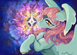 Size: 2100x1500 | Tagged: safe, artist:slimeprints, derpibooru import, oc, oc only, oc:searchlight, pegasus, pony, solo, space, stars, wing ears, wingding eyes, wings
