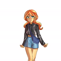 Size: 2048x2048 | Tagged: safe, artist:sugarcube269, derpibooru import, sunset shimmer, human, equestria girls, g4, 2d, clothes, female, jacket, leather, leather jacket, legs, long sleeves, midriff, shorts, simple background, smiling, solo, white background