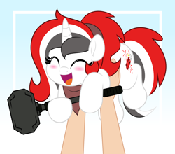 Size: 5680x5000 | Tagged: safe, artist:jhayarr23, derpibooru import, oc, oc only, oc:red rocket, unicorn, blushing, clothes, commission, cute, cutie mark, gradient background, hammer, happy, horn, scarf, sledgehammer, your character here