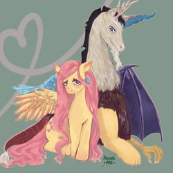 Size: 4000x4000 | Tagged: safe, artist:popurin, derpibooru import, discord, fluttershy, draconequus, pegasus, g4, antlers, blushing, duo, duo male and female, female, flower, flower in hair, heart, heart eyes, horn, implied discoshy, implied shipping, implied straight, male, signature, spread wings, wingding eyes, wings