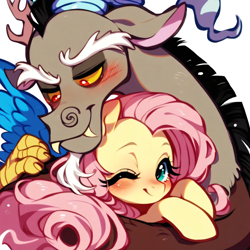 Size: 4096x4096 | Tagged: safe, ai content, derpibooru import, generator:purplesmart.ai, generator:stable diffusion, machine learning generated, discord, fluttershy, draconequus, pegasus, pony, g4, blushing, cuddling, cute, duo, female, holding a pony, hug, male, mare, prompter:doomguy397, shyabetes, simple background, white background
