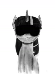 Size: 1318x1758 | Tagged: safe, alternate version, artist:enterusxrname, derpibooru import, twilight sparkle, unicorn twilight, pony, unicorn, g4, grayscale, horn, monochrome, simple background, solo, thousand yard stare, white background