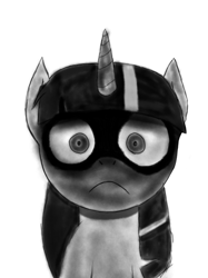 Size: 901x1202 | Tagged: safe, alternate version, artist:enterusxrname, derpibooru import, twilight sparkle, unicorn twilight, pony, unicorn, g4, grayscale, horn, monochrome, simple background, solo, thousand yard stare, white background