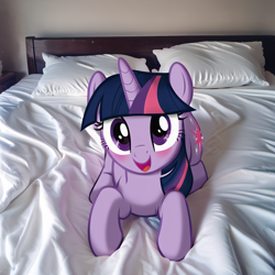 Size: 1024x1024 | Tagged: source needed, safe, ai content, derpibooru import, generator:pony diffusion v6 xl, generator:stable diffusion, machine learning generated, twilight sparkle, unicorn twilight, pony, unicorn, bed, blushing, horn, irl, looking at you, lying down, lying on bed, on bed, open mouth, photo, pillow, ponies in real life, prompter needed, solo