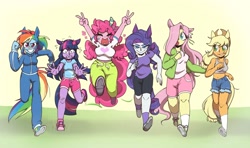 Size: 1840x1086 | Tagged: safe, alternate version, artist:melodymelanchol, derpibooru import, applejack, fluttershy, pinkie pie, rainbow dash, rarity, twilight sparkle, human, g4, bandaid, bandaid on nose, belly button, clothes, denim, eared humanization, female, hair over one eye, hairclip, humanized, jeans, mane six, pants, peace sign, pony coloring, running, short jeans, short shirt, shorts, sweatpants, tail, tailed humanization, teary eyes, tracksuit, uma musume pretty derby