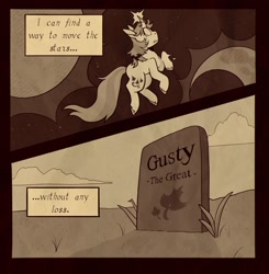 Size: 1440x1470 | Tagged: safe, artist:melodymelanchol, derpibooru import, gusty, gusty the great, pony, unicorn, comic:rotten harmony, g1, comic, crying, curved horn, female, grave, gravestone, horn, mare, monochrome, moon, solo, sun, unshorn fetlocks