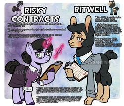 Size: 2048x1755 | Tagged: safe, artist:lycantrin, derpibooru import, oc, oc:bitwell, oc:risky contracts, alpaca, llama, pony, unicorn, alpaca oc, bidwell, biography, black coat, black mane, blushing, brown eyes, bun hairstyle, bushy tail, button-up shirt, cardigan, clipboard, clothes, collared shirt, digital art, duo, fanart, fandom, floating, fountain pen, glasses, glowing, glowing horn, green eyes, horn, long skirt, looking at you, messy mane, necktie, no pants, obtrusive watermark, office, office lady, office worker, pauling, pleated skirt, ponified, pony town, pony town oc, purple coat, purple magic, reference sheet, rolled up sleeves, shirt, signature, skirt, species swap, statistics, tail, tail bun, team fortress 2, three piece suit, tied tail, tuxedo, unicorn oc, wall of tags, watercolor background, watermark, wool, worker, worker drone