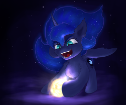 Size: 2595x2174 | Tagged: safe, artist:gosha305, derpibooru import, princess luna, alicorn, pony, g4, behaving like a cat, chest fluff, cute, dark background, ear fluff, ears, ethereal mane, fangs, female, fluffy, full body, horn, mare, open mouth, playing, running, slit eyes, solo, starry mane, sun, tangible heavenly object, teeth, wings, younger