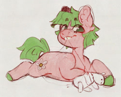Size: 1819x1460 | Tagged: safe, artist:shyhandart, derpibooru import, oc, oc only, oc:sweet pea, earth pony, pony, adopted offspring, bucktooth, colored hooves, eye clipping through hair, eyebrows, eyebrows visible through hair, female, filly, foal, head turn, lying down, missing limb, mouth hold, parent:big macintosh, parent:fluttershy, parents:fluttermac, plushie, prone, sewing, simple background, solo, sploot, thread, white background