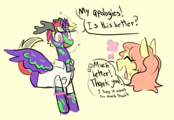 Size: 2048x1412 | Tagged: safe, artist:melodymelanchol, derpibooru import, oc, oc only, oc:gentle shy, oc:german pringles, alicorn, pegasus, pony, alicorn oc, antlers, clothes, cowboy hat, dialogue, duo, female, hat, horn, male, mare, shirt, simple background, stallion, wings, yellow background