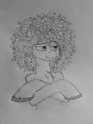 Size: 3060x4080 | Tagged: safe, artist:curly horse, derpibooru import, oc, oc only, earth pony, pony, bipedal, chest fluff, crossed hooves, curly hair, curly mane, fluffy, human shoulders, male, pencil drawing, shoulder fluff, silly, smug, solo, stallion, traditional art, unshorn fetlocks